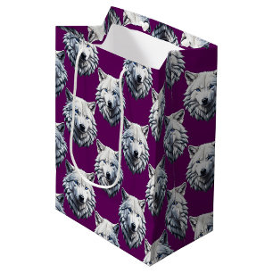 Sacola Para Presentes Média Desenho de padrão de cabeça de lobo branco roxo