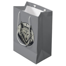 Sacola Para Presentes Média Desenho Vintage Cabeça de Lobo Lua Mística
