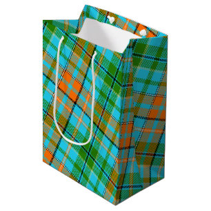 Sacola Para Presentes Média Desenho Xadrez Escocês Laranja Azul Verde