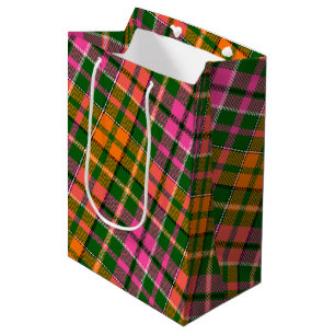 Sacola Para Presentes Média Desenho Xadrez Tartan Verde Rosa Laranja