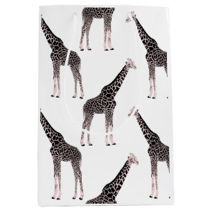 Sacola Para Presentes Média Design de animais de girafa rosa e preto