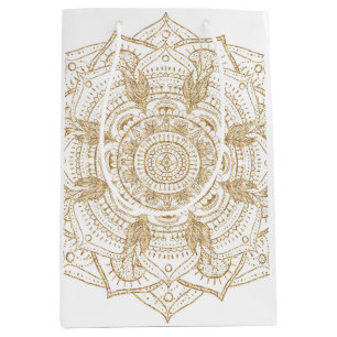 Sacola Para Presentes Média Design de Desenho de Mão de Mandala Branco e Dour