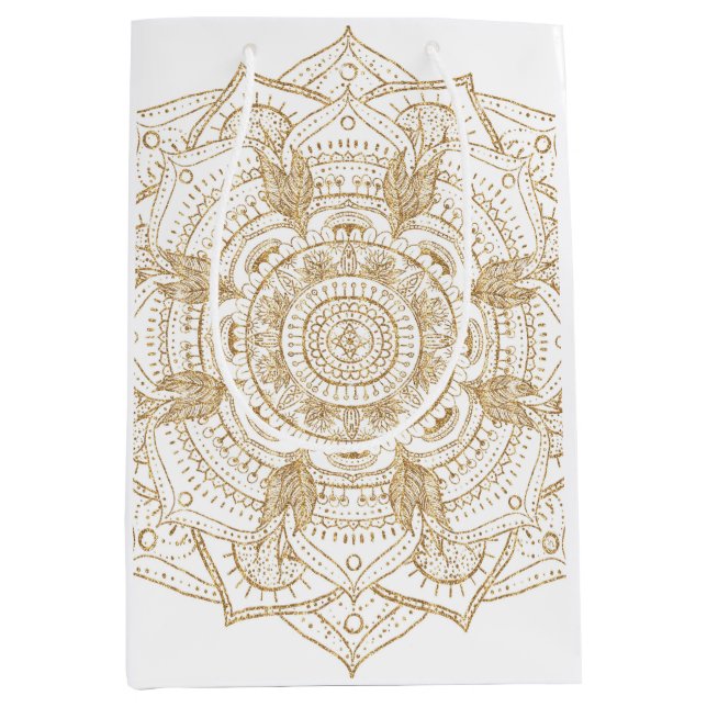 Sacola Para Presentes Média Design de Desenho de Mão de Mandala Branco e Doura (Frente)