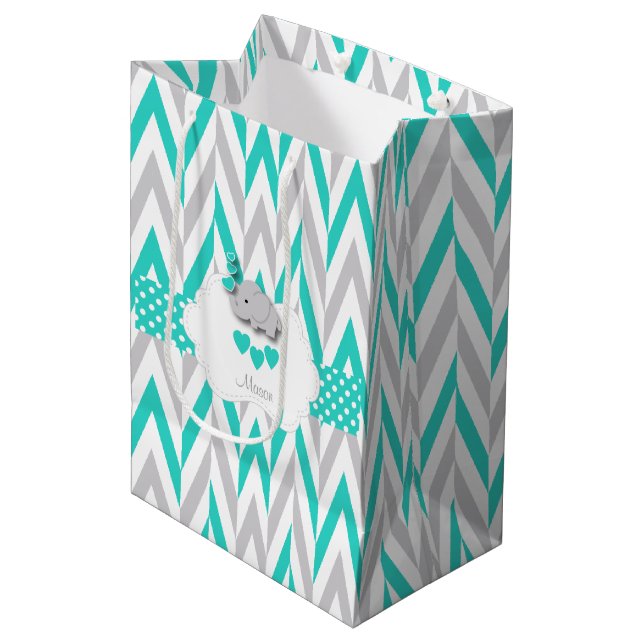Sacola Para Presentes Média Design de Elefante Turquesa - Chá de Bebê (Frente inclinada)