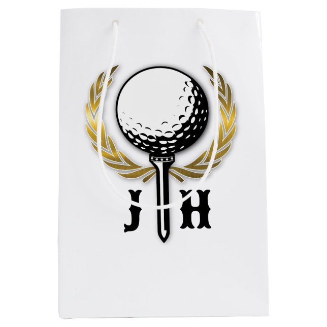 Sacola Para Presentes Média Design de monograma de golfe dourado personalizado (Frente)