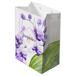 Sacola Para Presentes Média design de orquídea colorida em aquarela com monogr