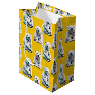 Sacola Para Presentes Média Design de padrão de urso polar amarelo