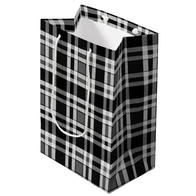 Sacola Para Presentes Média Design de Tartan Xadrez Flannel Branco preto (Criador carregado)