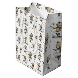 Sacola Para Presentes Média Design de Urso Bailarina em Tule em Aquarela Fofa