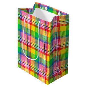 Sacola Para Presentes Média Design de Xadrez de Tartan Amarelo verde-rosa