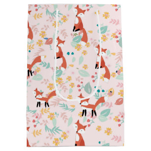 Sacola Para Presentes Média Design Floral de Raposa Fofa Rosa