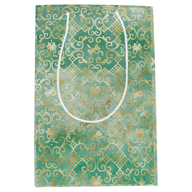 Sacola Para Presentes Média Design verde-bonito e ouro (Frente)