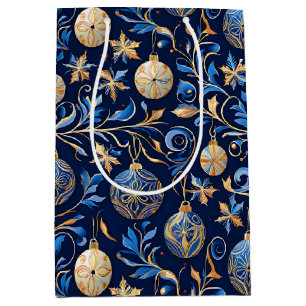 Sacola Para Presentes Média Designs de Natal Ornamentais Azuis e Douradas