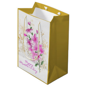 Sacola Para Presentes Média Detalhes Dourados de Florais Rosa Dia de as mães