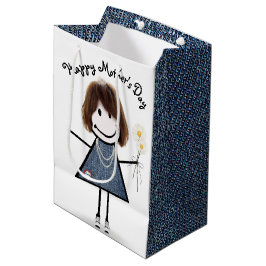 Sacola Para Presentes Média Dia de as mães Stick Girl with Daisies