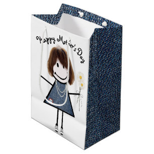 Sacola Para Presentes Média Dia de as mães Stick Girl with Daisies