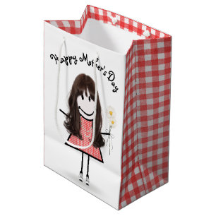 Sacola Para Presentes Média Dia de as mães Stick Girl with Daisies