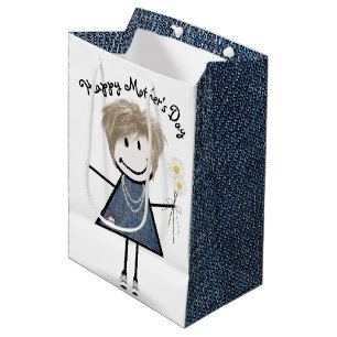 Sacola Para Presentes Média Dia de as mães Stick Girl with Daisies