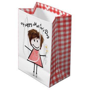 Sacola Para Presentes Média Dia de as mães Stick Girl with Daisies