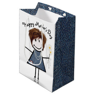 Sacola Para Presentes Média Dia de as mães Stick Girl with Daisies