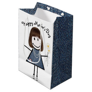 Sacola Para Presentes Média Dia de as mães Stick Girl with Daisies