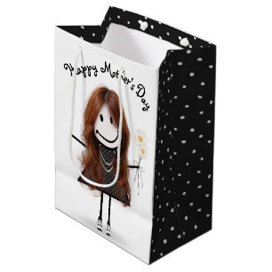 Sacola Para Presentes Média Dia de as mães Stick Girl with Daisies
