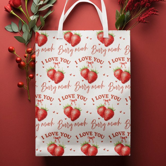 Sacola Para Presentes Média Dia de os namorados de Morango Vermelho Bonito (Cute Red Strawberry Valentine's Day Playful Medium Gift Bag)