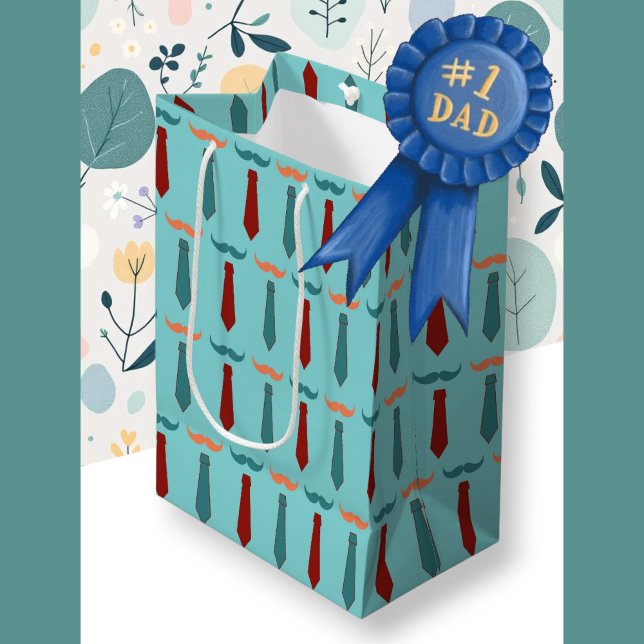 Sacola Para Presentes Média Dia de os pais Teal e Pai de gravata laranja (Father's Day Teal and Orange tie Dad Medium Gift Bag)