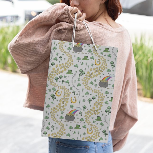 Sacola Para Presentes Média Dia de São Patrício Diversão Shamrock Verde Leprec (Criador carregado)