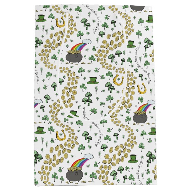 Sacola Para Presentes Média Dia de São Patrício Diversão Shamrock Verde Leprec (Frente)