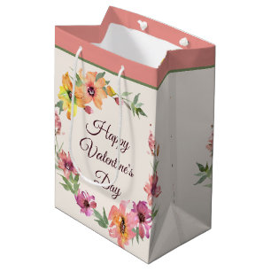 Sacola Para Presentes Média Dia dos namorados floral em aquarela rosa e laranj