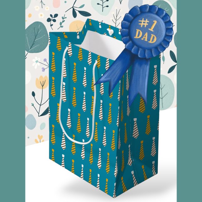 Sacola Para Presentes Média Dia dos Pais | Gravatas amarelas e azuis lacrimogê (Father's day | Yellow and Teal blue ties Medium Gift Bag)