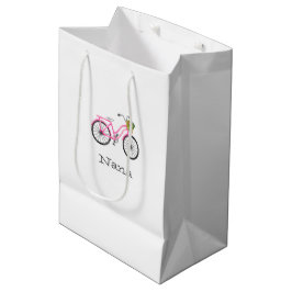 Sacola Para Presentes Média Difusão de Verão com nome de bicicleta cor-de-rosa
