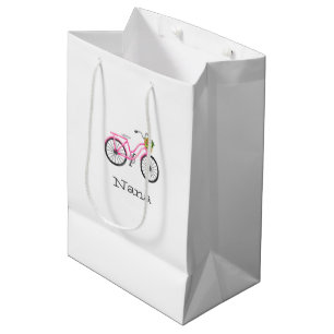 Sacola Para Presentes Média Difusão de Verão com nome de bicicleta cor-de-rosa