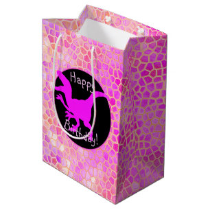 Sacola Para Presentes Média Dinossauro Rosa Esconde Feliz Aniversário!