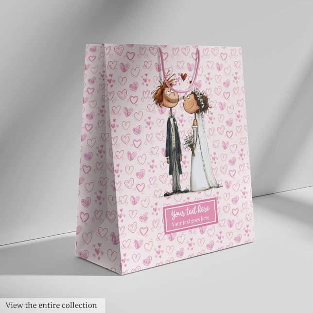 Sacola Para Presentes Média Diversão Personalizada do Casal de Casamento de Ca (Cartoon Wedding Couple Gift Bag Personalized Fun)