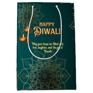 Sacola Para Presentes Média Diwali Green Dourado Lamps Mandala Personalizado