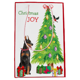 Sacola Para Presentes Média Doberman Pinscher, Bird e Árvore de Natal