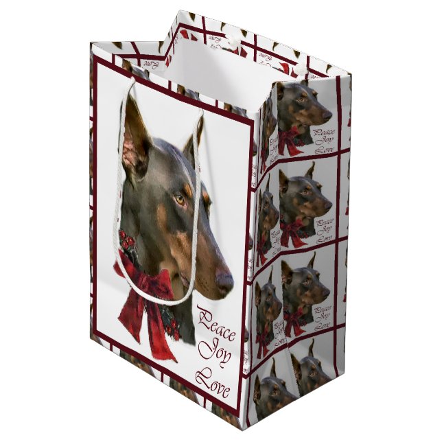 Sacola Para Presentes Média Doberman Pinscher Christmas (Frente inclinada)