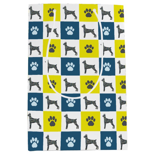 Sacola Para Presentes Média Doberman Pinscher Dog & Paw Print Yellow Grid (Frente)