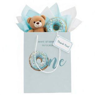 Sacola Para Presentes Média Doce Donut de Aniversário de 1 Ano Azul Pastel