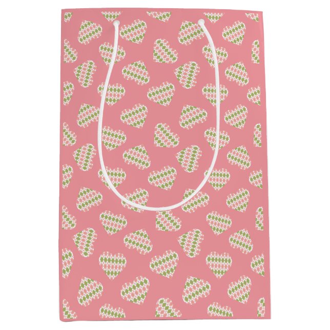 Sacola Para Presentes Média Doce Namorados Argyle Corações Bonitos Rosa (Frente)