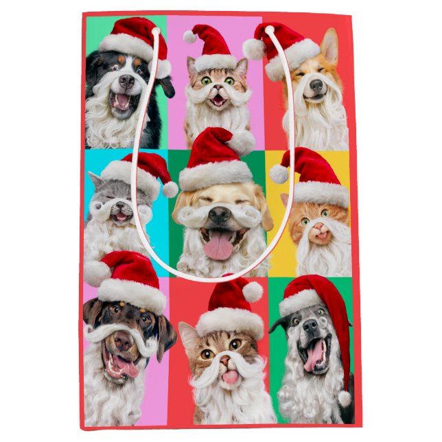 Sacola Para Presentes Média Dogs and Cats with Santa Beard (Frente)
