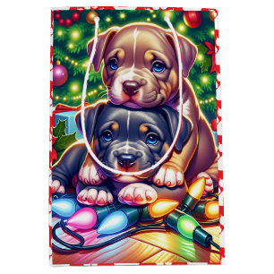 Sacola Para Presentes Média Dois Cachorros Cortos Brincando na Árvore de Natal