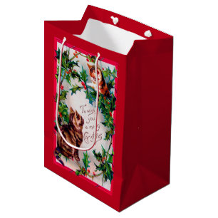Sacola Para Presentes Média Dois Kittens e Holly de Natal