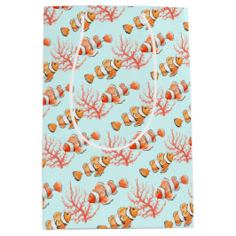 Sacola Para Presentes Média Dois peixes-palhaço ou anêmono com aquarela coral