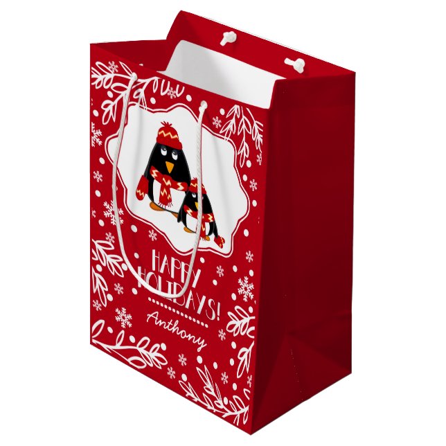 Sacola Para Presentes Média Dois Pequenos Pinguins - Nome Personalizado Natal (Frente inclinada)