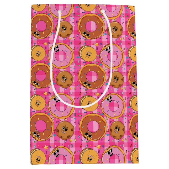 Sacola Para Presentes Média Donuts e Doces de Desenho Animado Retrô (Frente)