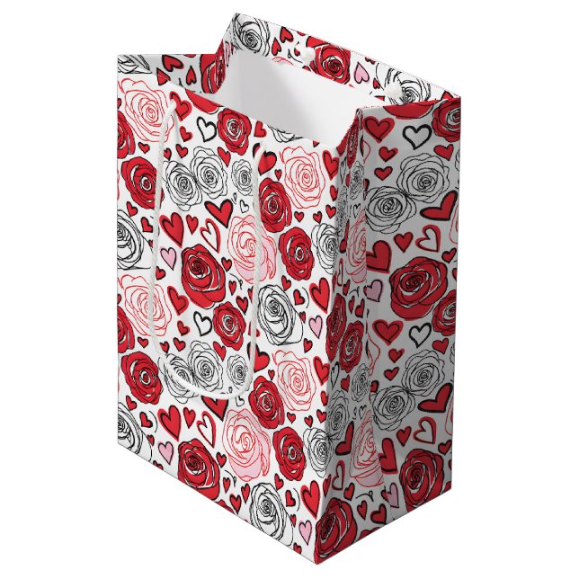Sacola Para Presentes Média Doodle Art Style Red Pink Roses Hearts Valentine's (Frente inclinada)