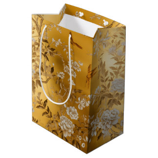 Sacola Para Presentes Média Dourada Chinoiserie Floral Gift Bag